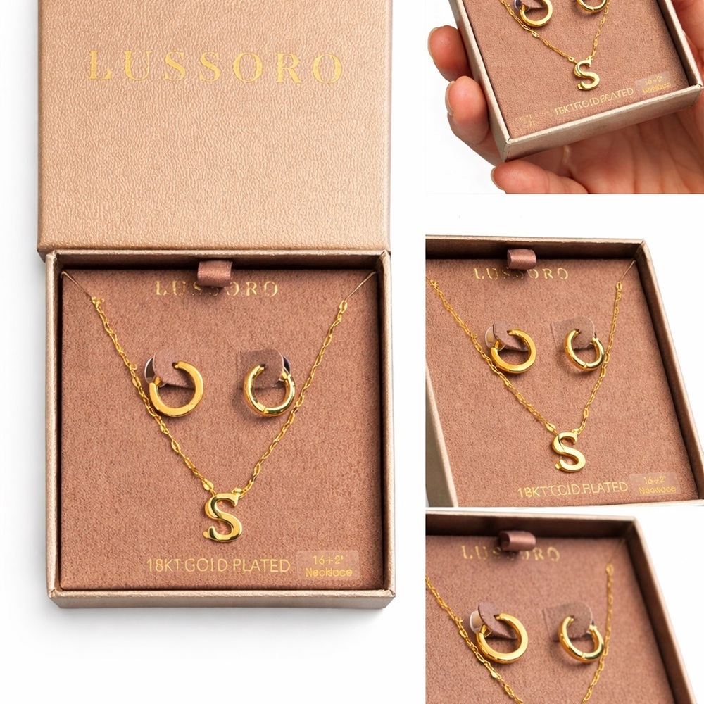 18KT Gold-Plated 'S' Initial Necklace & Hoop Earring Set - Gold